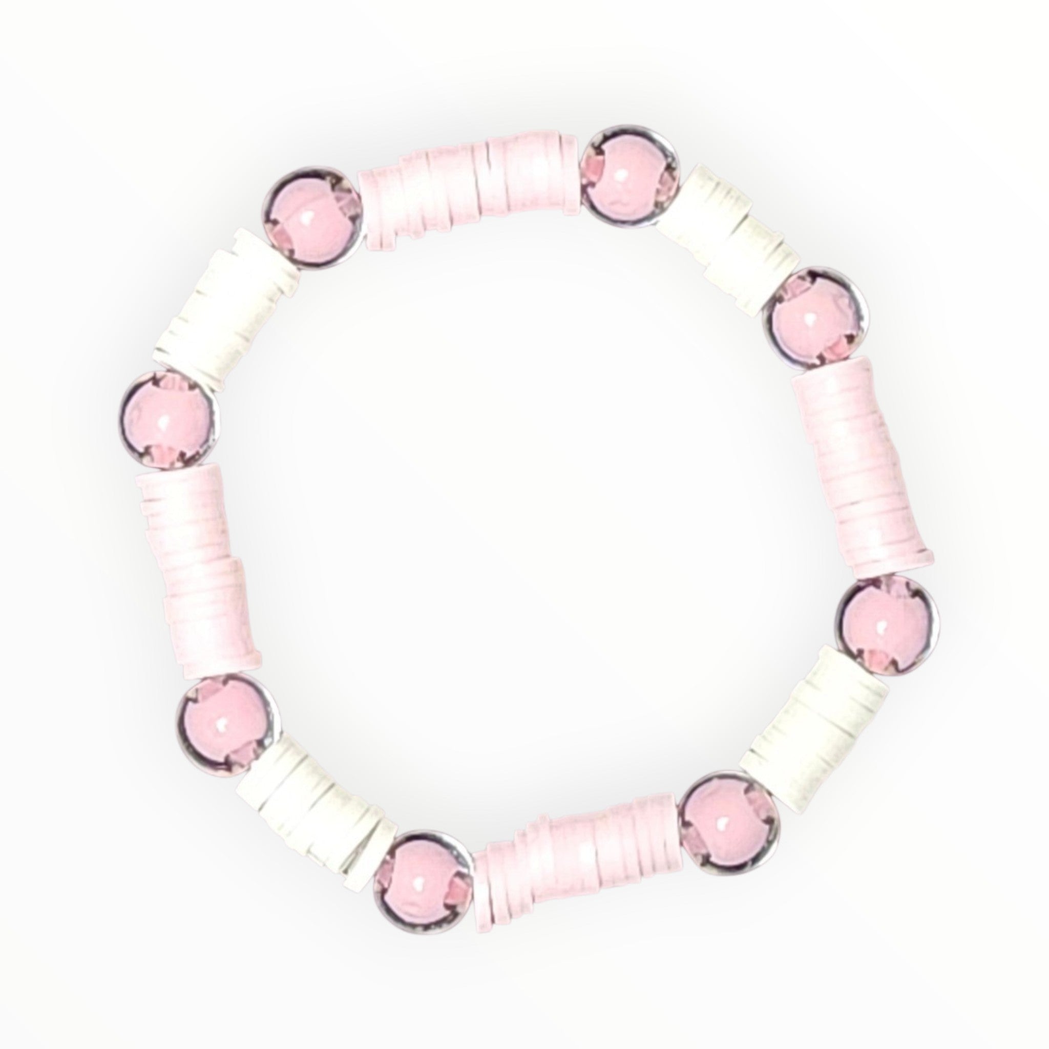 CLAY BEAD BRACELET- PINK PEONY AND WHITE WITH PINK GLASS BEADS - It's Beadiful By MistyMae