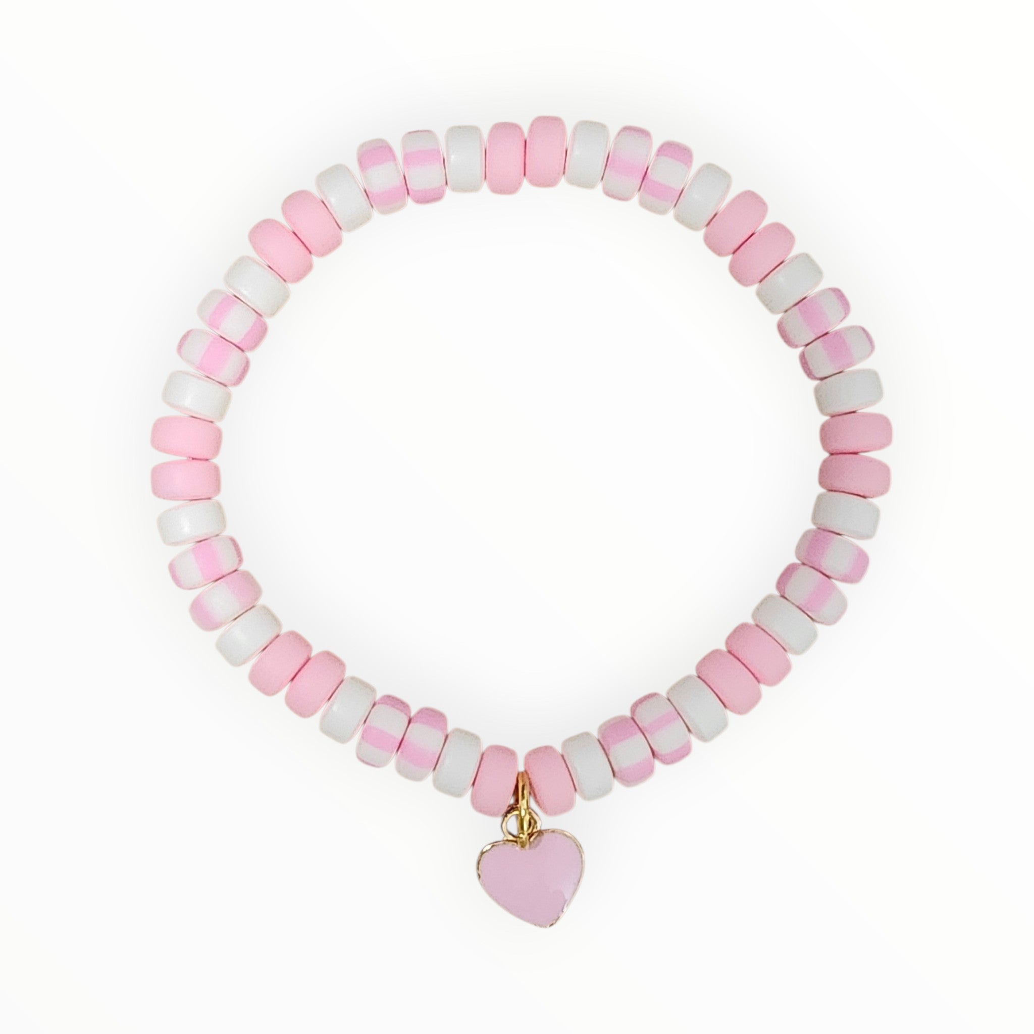 CLAY BEAD BRACELET- PINK STRIPED WITH PINK HEART - It's Beadiful By MistyMae