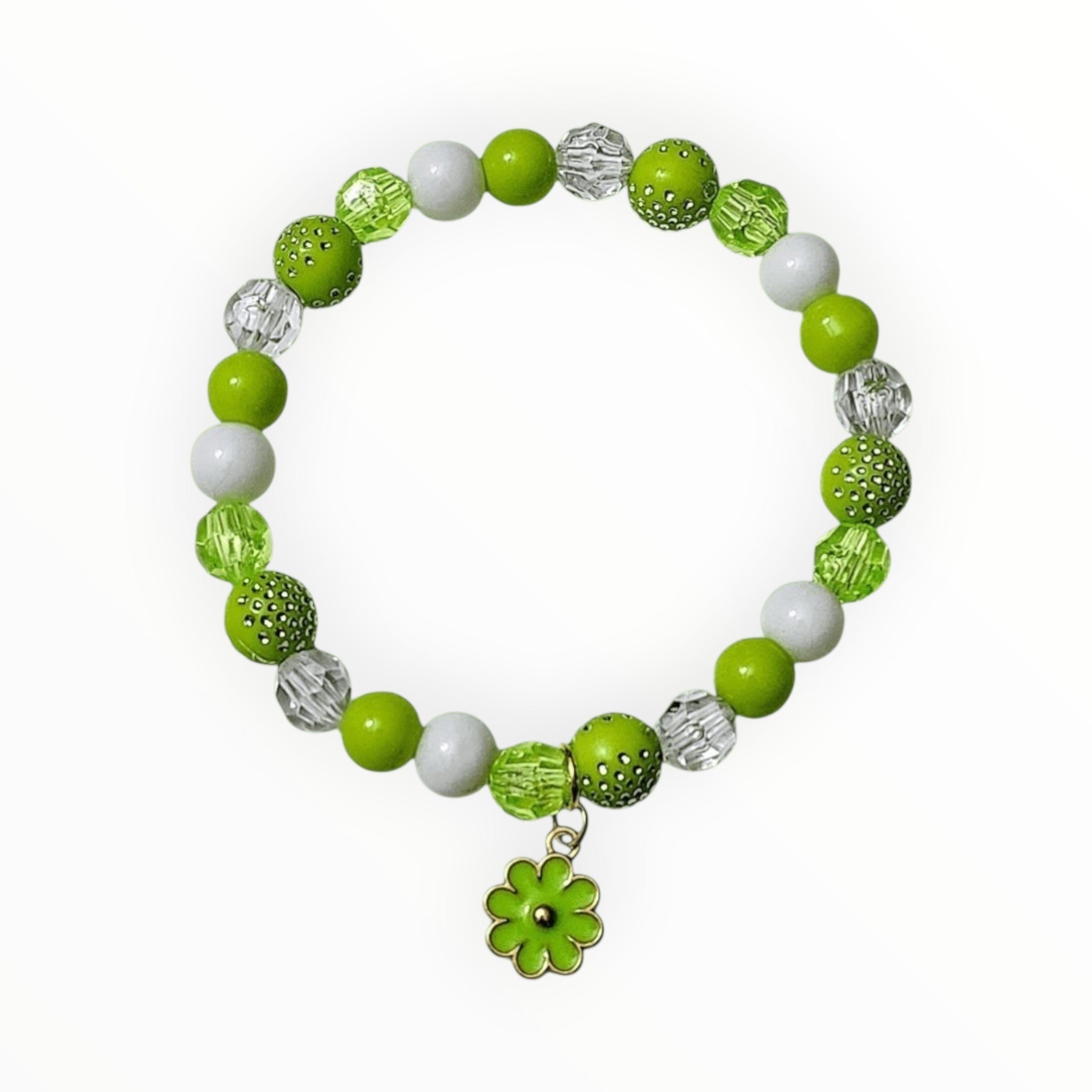 Glass Bead Bracelet in Shades of Green and White with a Matching Flower. KEY LIME - It's Beadiful By MistyMae