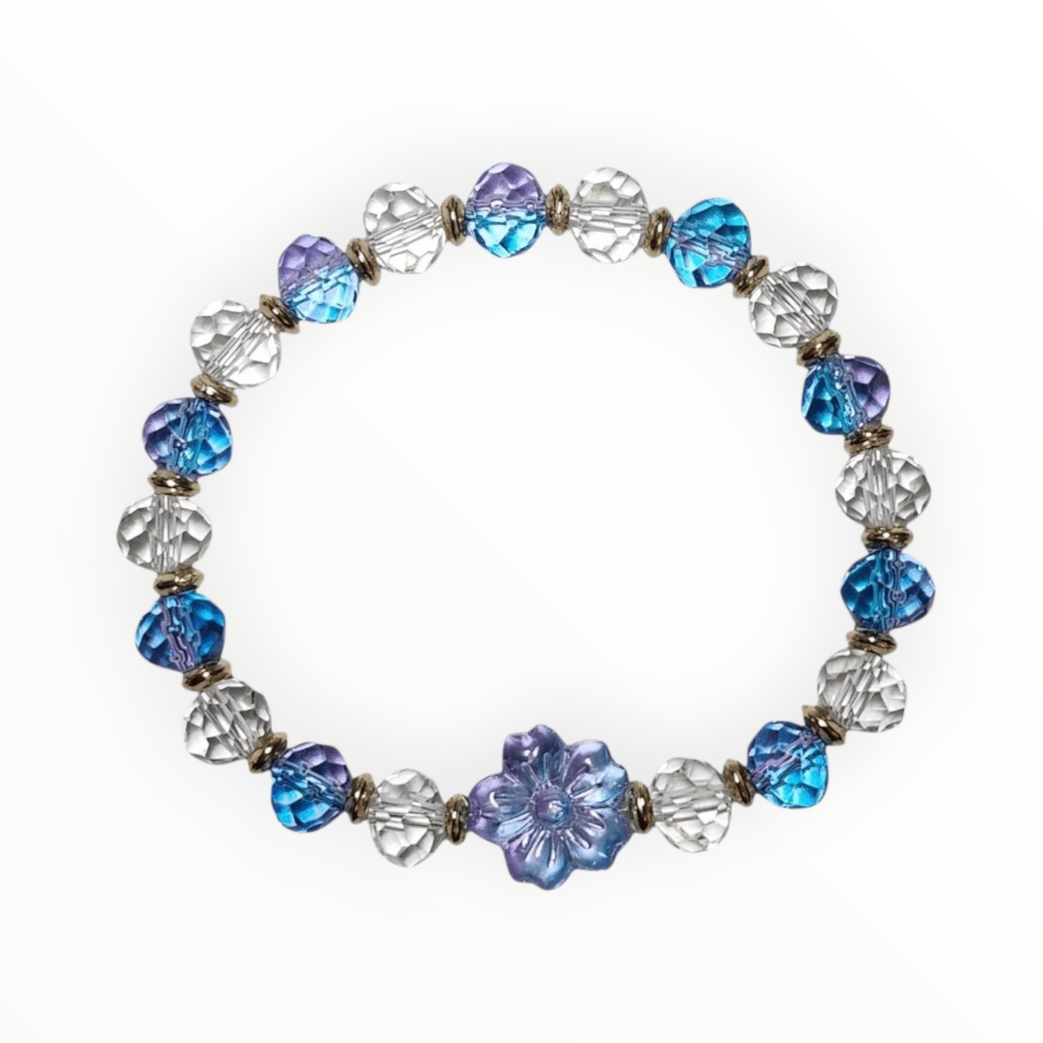 Glass Bead Bracelet; Iridescent Blue - Purple Beads, With a Gorgeous Matching Flower. CLEAR BLUE - It's Beadiful By MistyMae