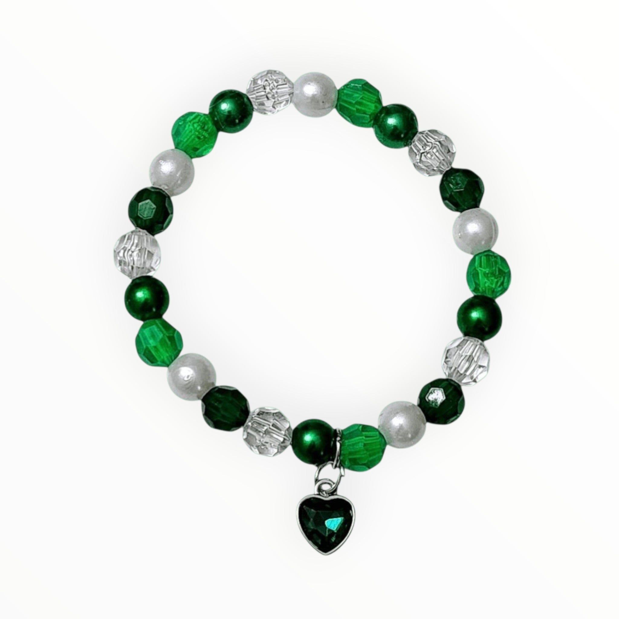 Glass Bead Bracelet with Shades of Emerald & Dark Green, with an Elegant Heart Charm. HEARTFELT CHARM - It's Beadiful By MistyMae