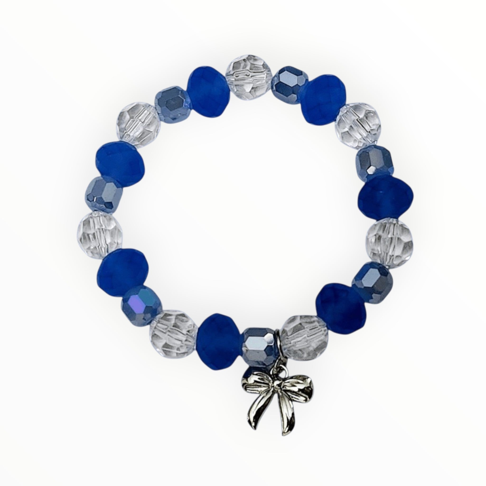 Glass Beaded Bracelet in Shades of Blue with a Silver Bow Charm. SPARKLING WATER - It's Beadiful By MistyMae