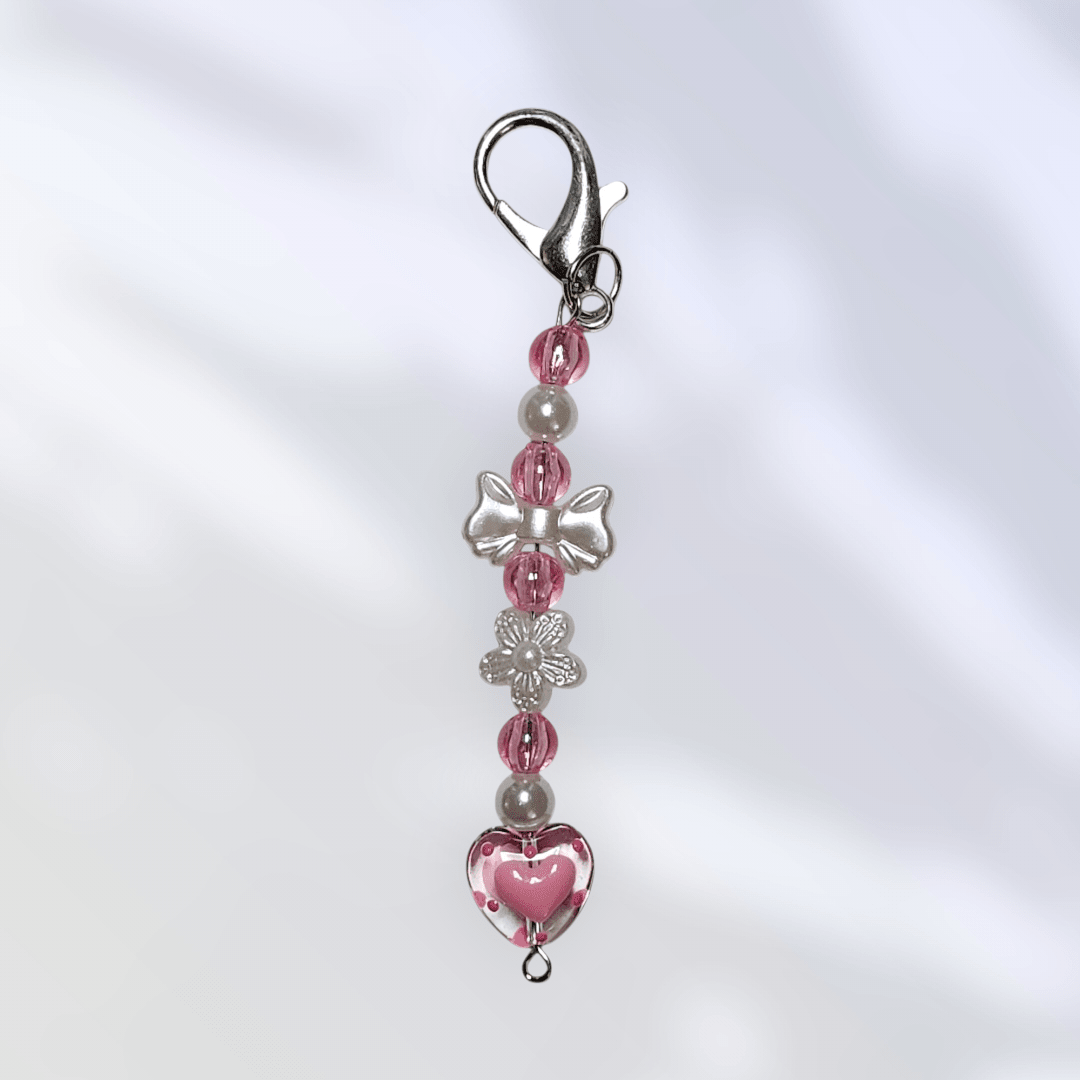 Heartfelt Charm Keychain with Pearly Pink Bow - It's Beadiful By MistyMae