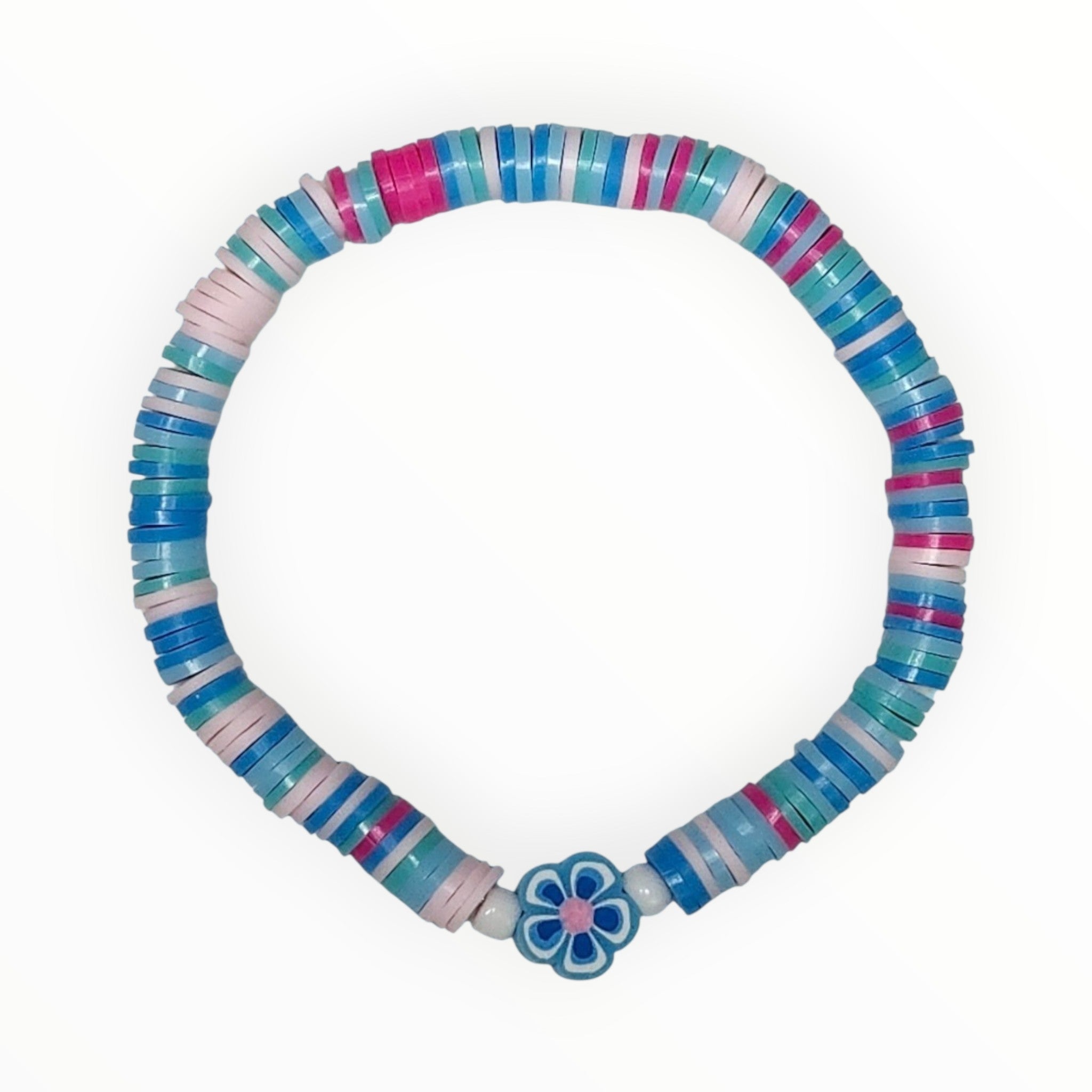 Multicolored Polymer Clay Bead Bracelet With Blue Flower. BLUE RASPBERRY COLODA - It's Beadiful By MistyMae