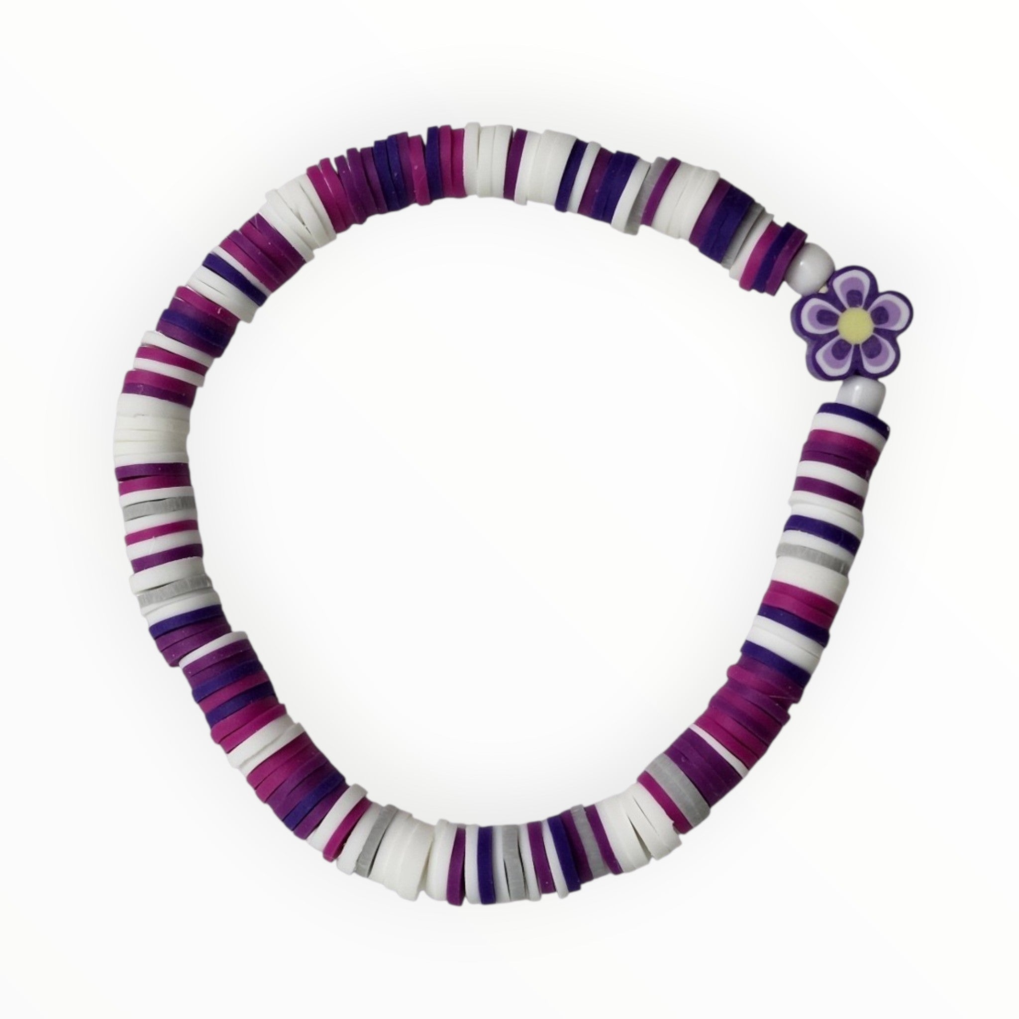 Multicolored Polymer Clay Bead Bracelet With Purple Flower. PURPLE PLUM - It's Beadiful By MistyMae