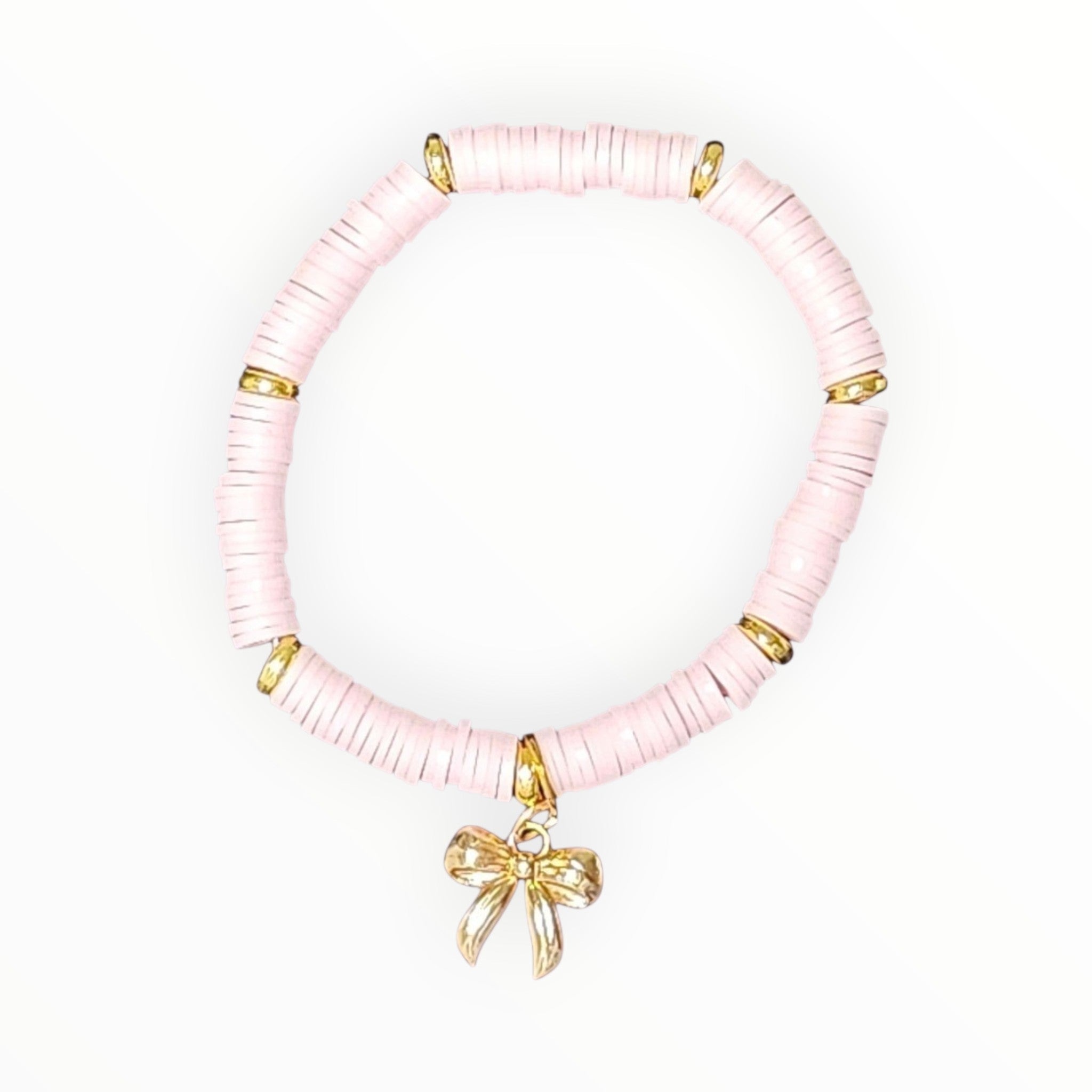 POLYMER CLAY BEAD BRACELET-PINK PEONY WITH BOW - It's Beadiful By MistyMae