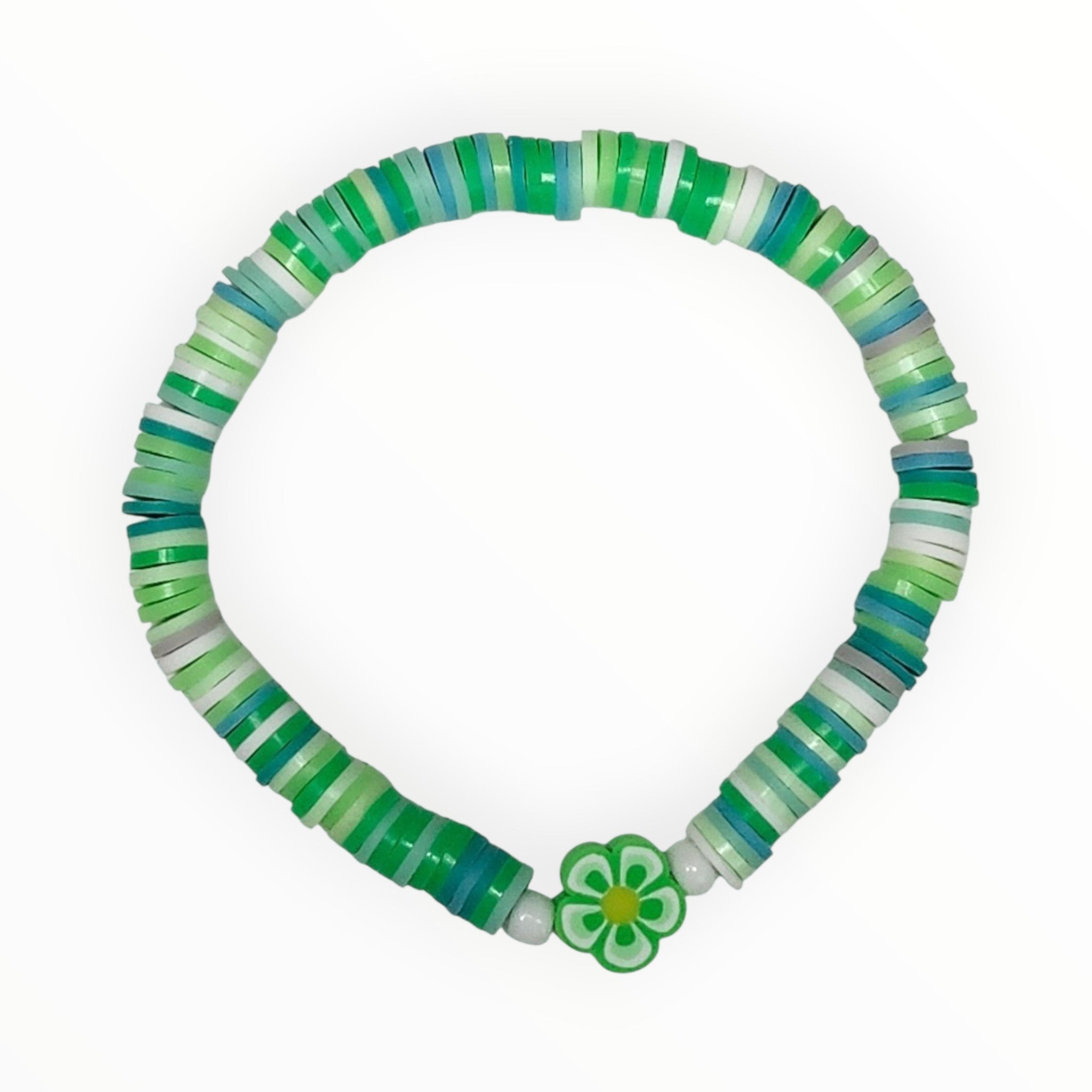 Striped Multicolored Green Polymer Clay Beads Bracelet with Flower. GREEN APPLE - It's Beadiful By MistyMae